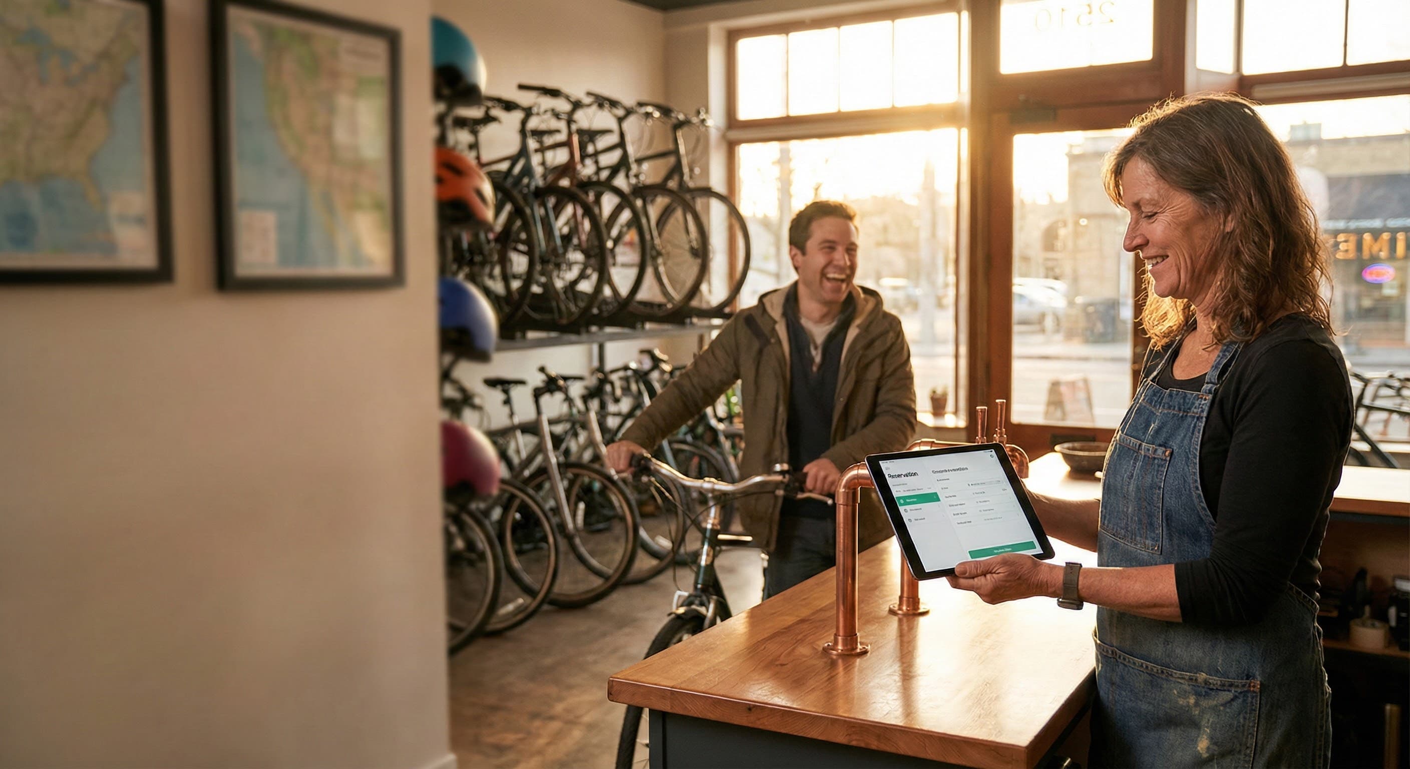 Bike shop employee using Penny on a tablet to help a customer