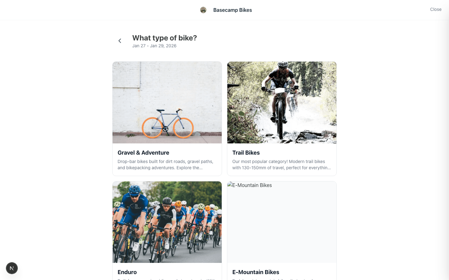 Customer booking interface showing bike categories