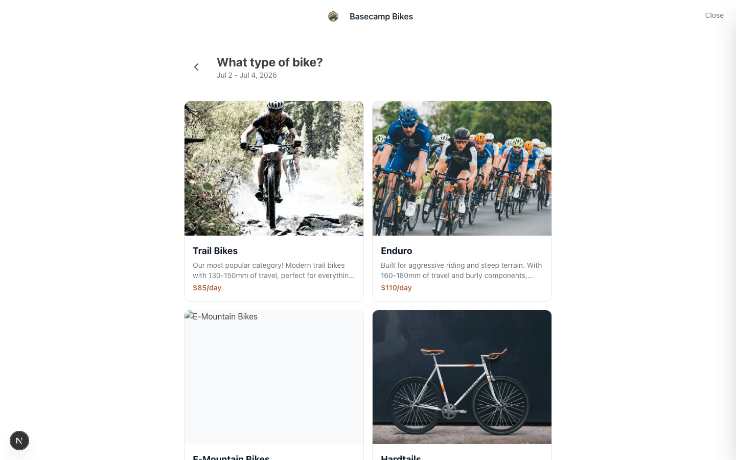 Customer booking interface showing bike categories